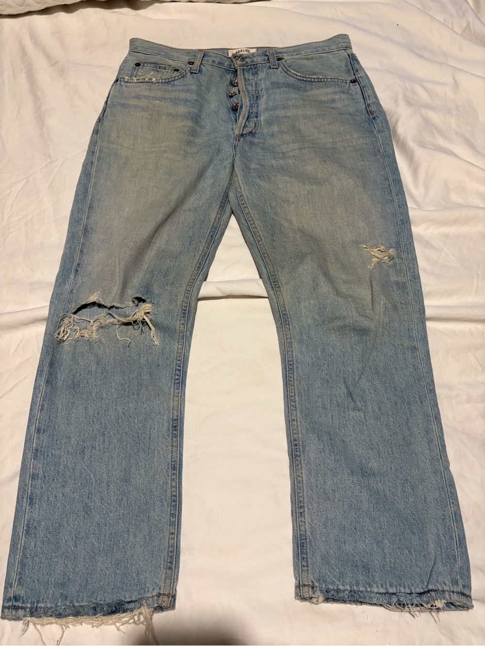 Agolde Light Blue Distressed Straight-Leg Jeans